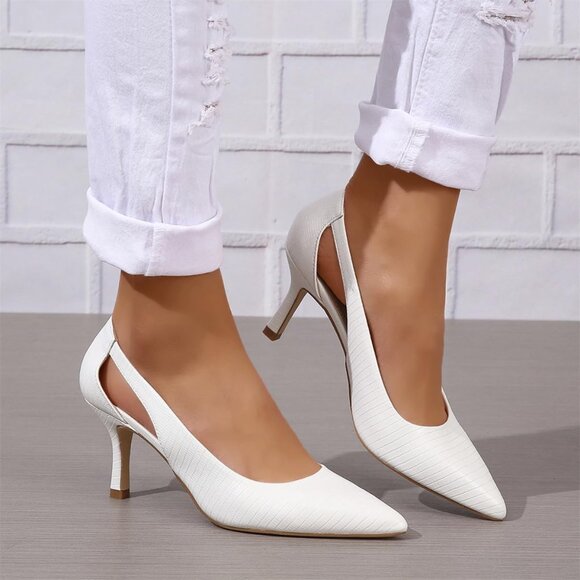 Women's White Faux Leather Pumps Pointed Closed Toe Kitten Heel Pump Shoes - Picture 4 of 4